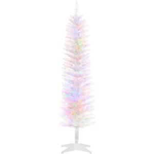 HOMCOM 6ft Tall Pencil Prelit Artificial Christmas Tree Holiday Dcor with 360 Colorful Surface Branches, 200 Colorful LED Lights, White