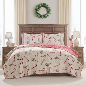Hallmark - King Quilt, 3-Piece Holiday Quilt Set with Shams, Reversible Quilt (Multi Candy Canes, King)