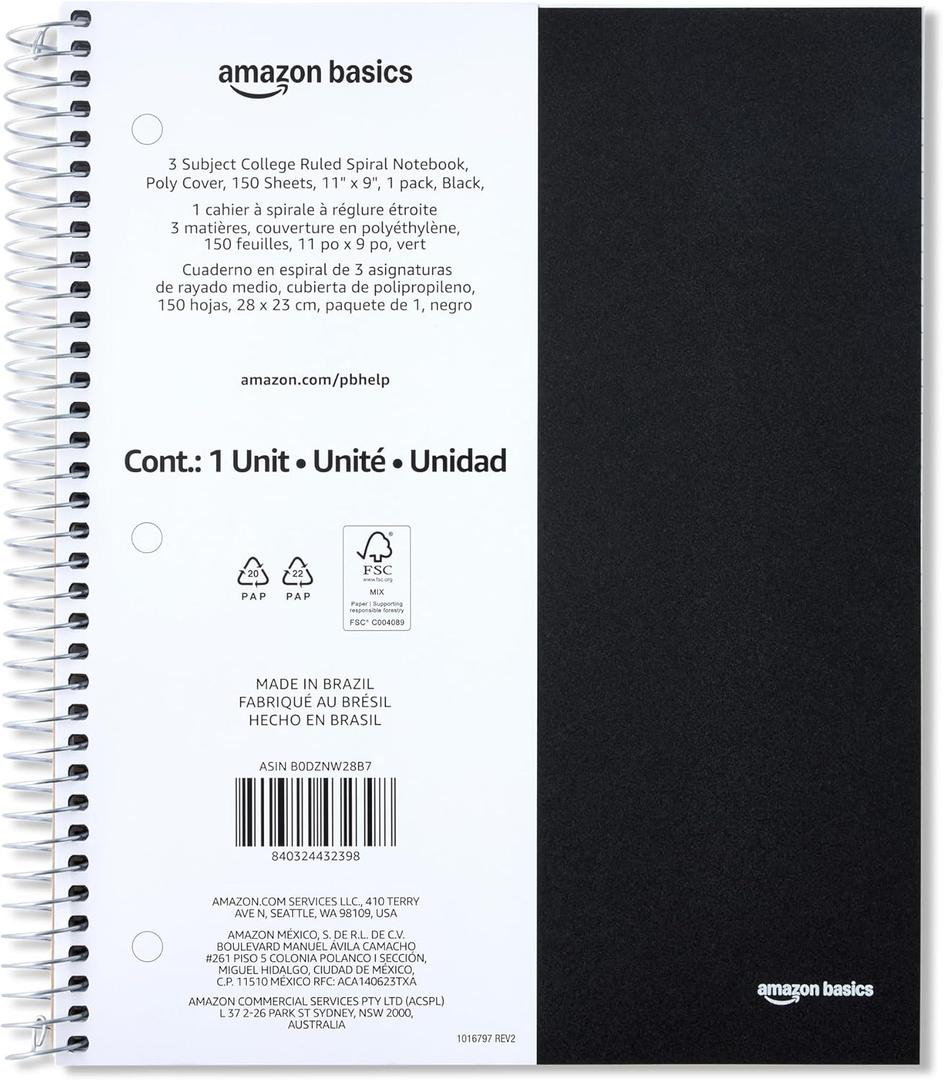 Amazon Basics College Ruled Spiral Notebook, 3 Subject, 150 Sheets, 8.5 x 11 inches, Black