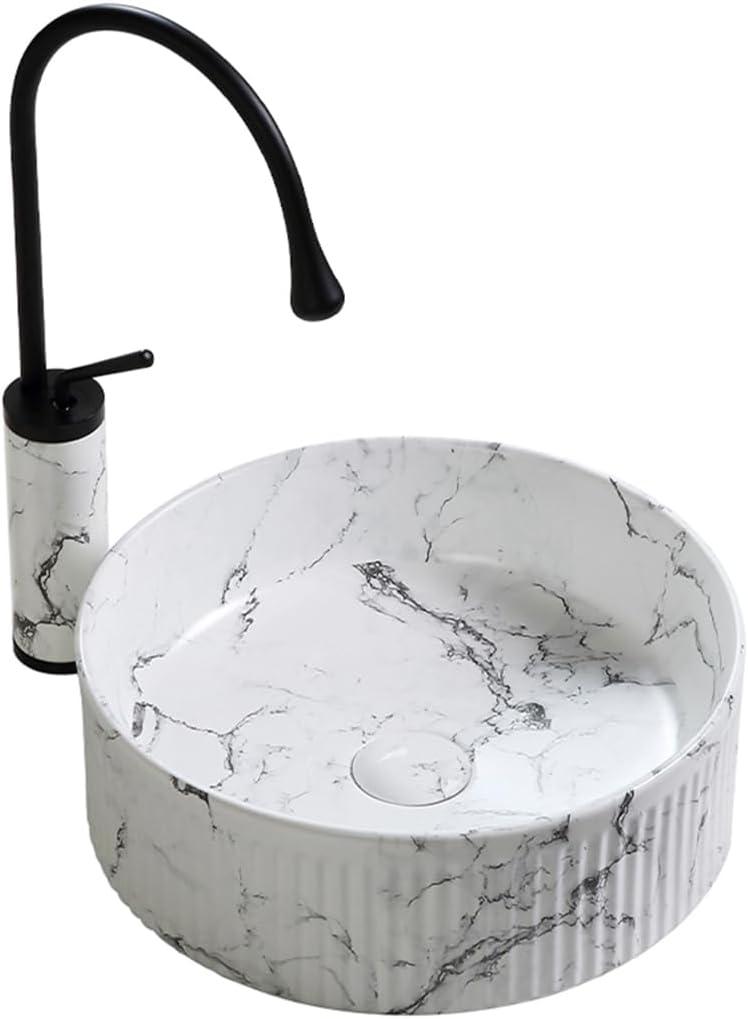 Modern Round Bathroom Vessel Sink Bowl with Pull-out Faucet, 14.5 Inch Ceramic Countertop Vanity Sink Farmhouse Style Porcelain Above Counter Art Basin, Marble-effect Pattern