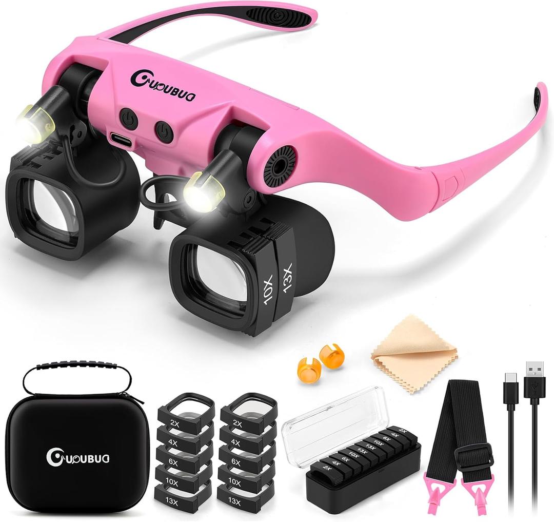 Magnifying Glass with Light, 2X 4X 6X 10X 13X Magnifying Glasses Lens, Switchable Binoculus Loupe w/Storage Case, Rechargeable Head Mount Magnifier for Close Work Watch Repair Crafts Jewelry (Pink)