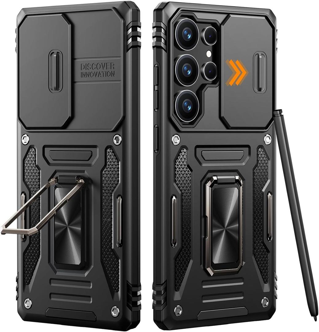 Armor Compatible for Samsung Galaxy S25 Ultra Case with Camera Cover & Stash Stand, 4X Military-Grade Drop Protection, Shock-Absorbing Rugged Defender (Black)