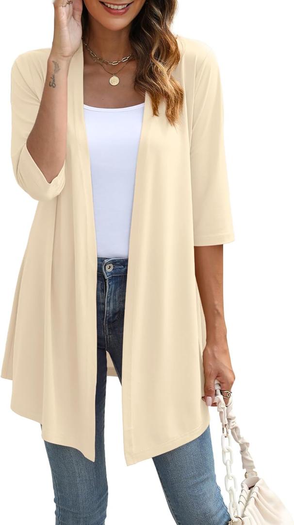 Womens Lightweight Open Front Cardigan Casual Loose Knit 3/4 Sleeves Fall Outwear Fashion (X-Large, Beige)