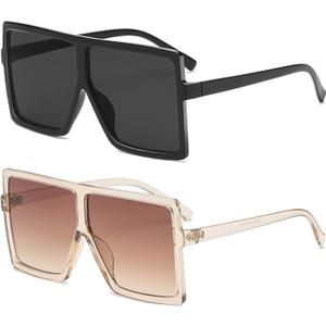 GRFISIA Square Oversized Sunglasses for Women Men Flat Top Fashion Shades (2 Black/Black+champagne/Brown)