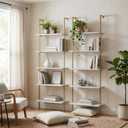 aboxoo Ladder Shelf 2PCS White Marble Bookshelf 5-Tier Wall-Mounted Wood Rack Open Industrial Modern Plant Flower Stand Utility Organizer Bookcase Metal Frame Furniture Office Kitchen Bedroom