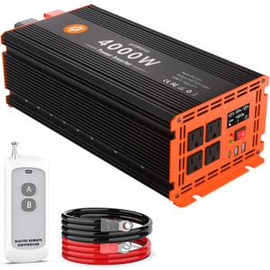 4000 Watt Power Inverter 12V DC to 110V/120V AC Converter Peak Power 8000W Car Inverter with LCD Display 4 AC Outlets, 2 USB & Type-C Port for RV,Truck,Off-Grid Solar System with Remote Controller