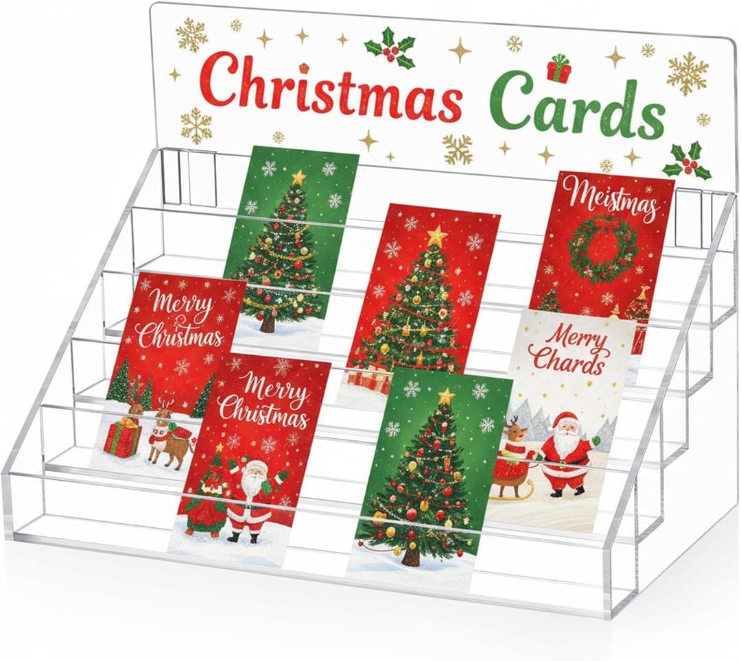 Menkxi 5 Tier Greeting Card Display Stand 12.5 x 7 x 9.5 Inch Clear Acrylic Sticker Organizer Rack for Vendors Counter Retail Stores Postcard Gifts for Christmas