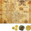 Gejoy Detailed Pirate Treasure Map, Vintage Gold Secret Sea Historical Theme Party Accessory, Compass Necklace Plastic Coins Toy, Pirate Theme Party Supplies
