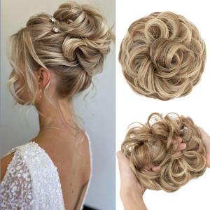 2 x CJL HAIR Large Messy Bun Hair Piece Wavy Curly Scrunchies Synthetic Chignon Ponytail Hair Extensions Thick Updo Hairpieces for Women Sand
