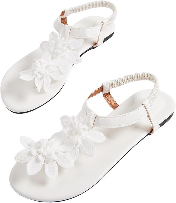 GORGLITTER Women's Flower Thong Flat Sandals Floral Open Toe Ankle Strap Vacation Beach Flats Shoes Size 40 (White)