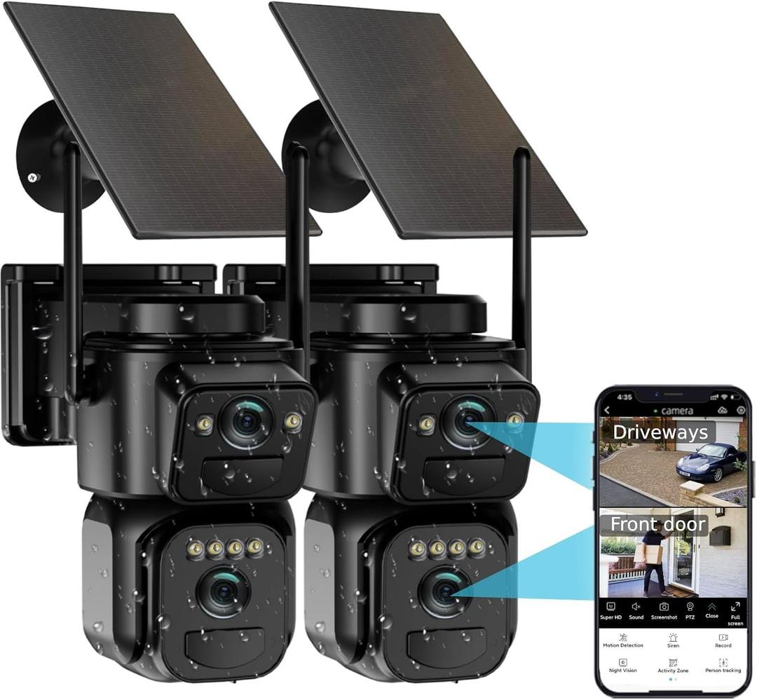 Uniter 4K Dual Lens Solar Security Camera Wireless Outdoor, 2.4G/5G WiFi, Panoramic & Tracking Cam 2 in 1 for Home Security with Color Night Vision, Human Detection, Siren, 2-Way Audio, 360PTZ2Pack