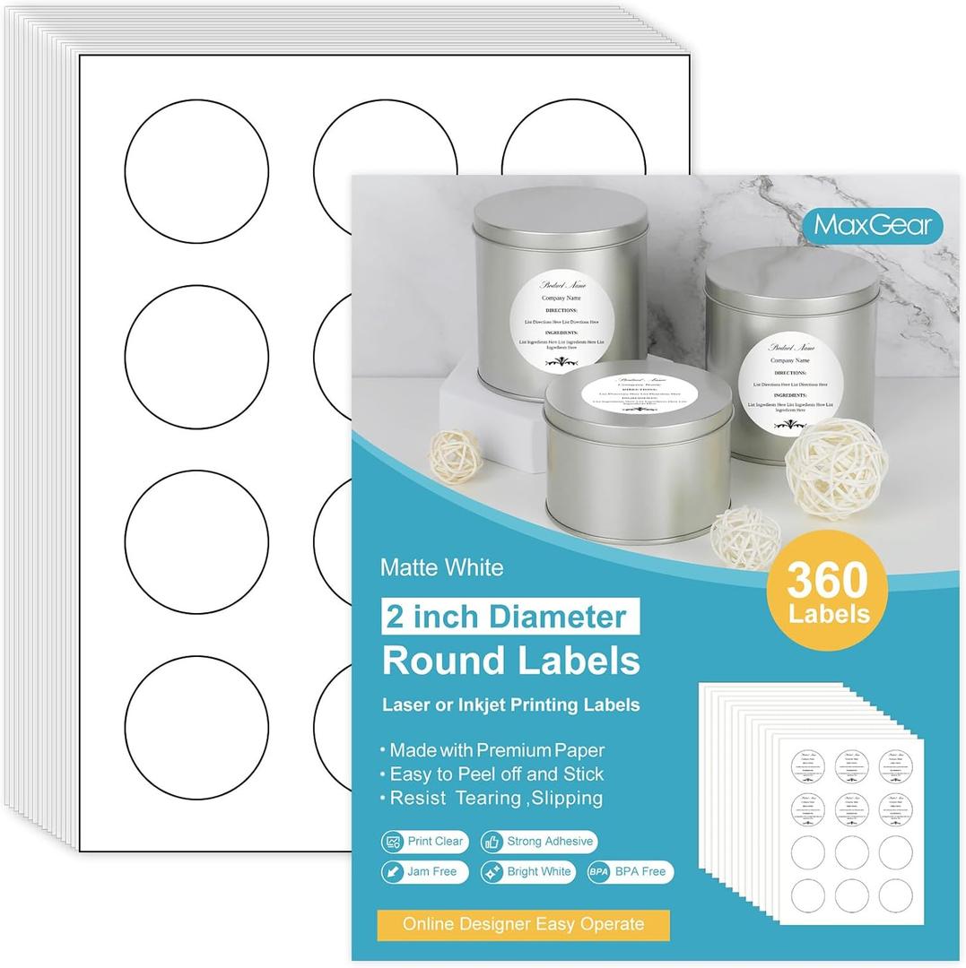 MaxGear 2" Round Sticker Labels, for Inkjet or Laser Printer, Matte White Printable Labels Sheets, Strong Adhesive, Dries Quickly, Holds Ink Well, 30 Sheets, 360 Pcs