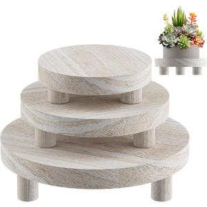 3 Pcs Wood Plant Stand Indoor Outdoor, Round Wood Riser for Decor 6/8/10" Wooden Stool Display Stand Flower Pot Holder Small Planter Tray Modern Potter Decorative for Desktop Counter Room (Washed White)