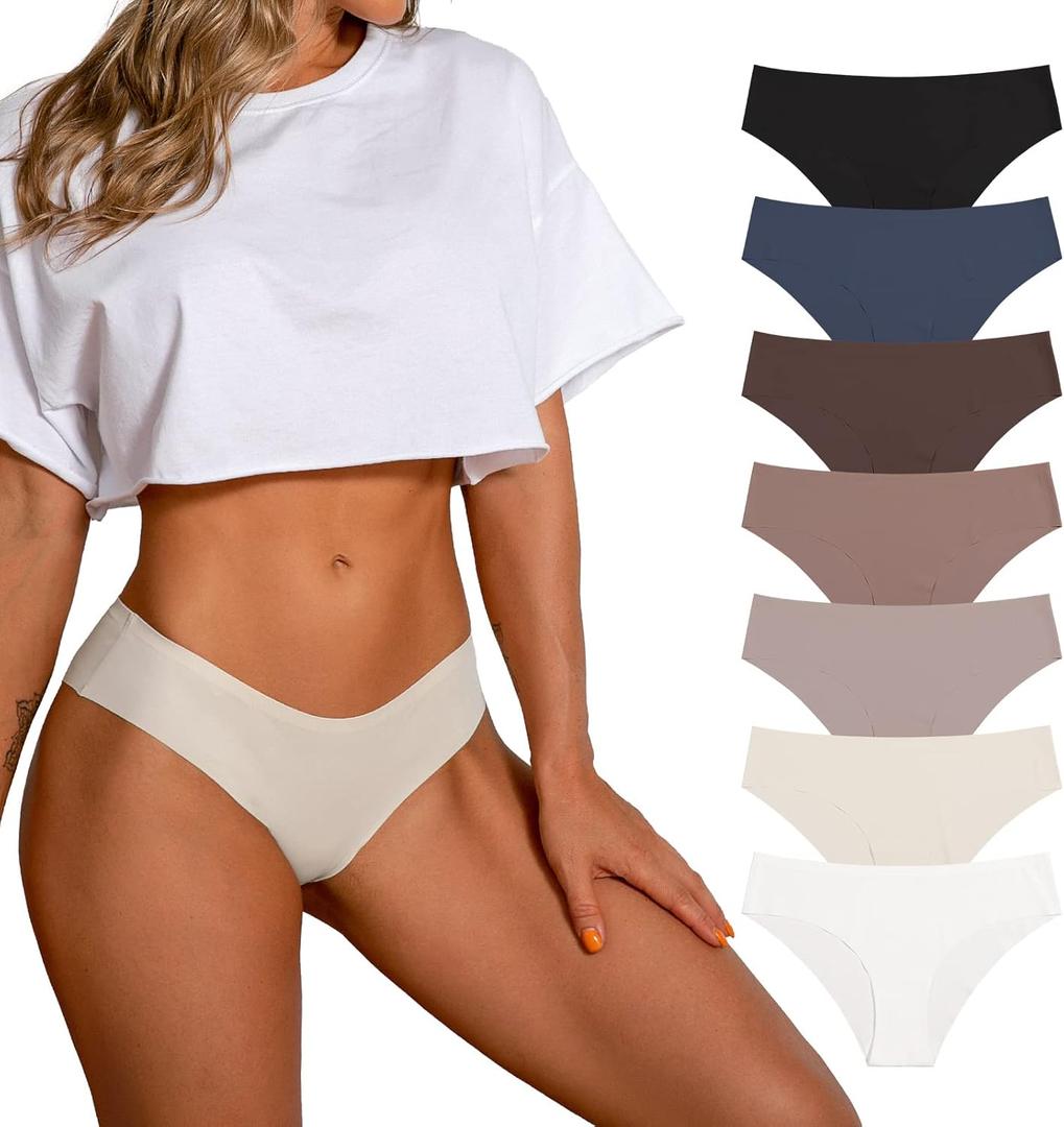 SHARICCA Women Seamless Cheeky Bikini No Show Panties Ladies Invisible Breathable Briefs Soft Stretch Underwear Multi Pack (Medium, (7 Pack) Neutral Color)