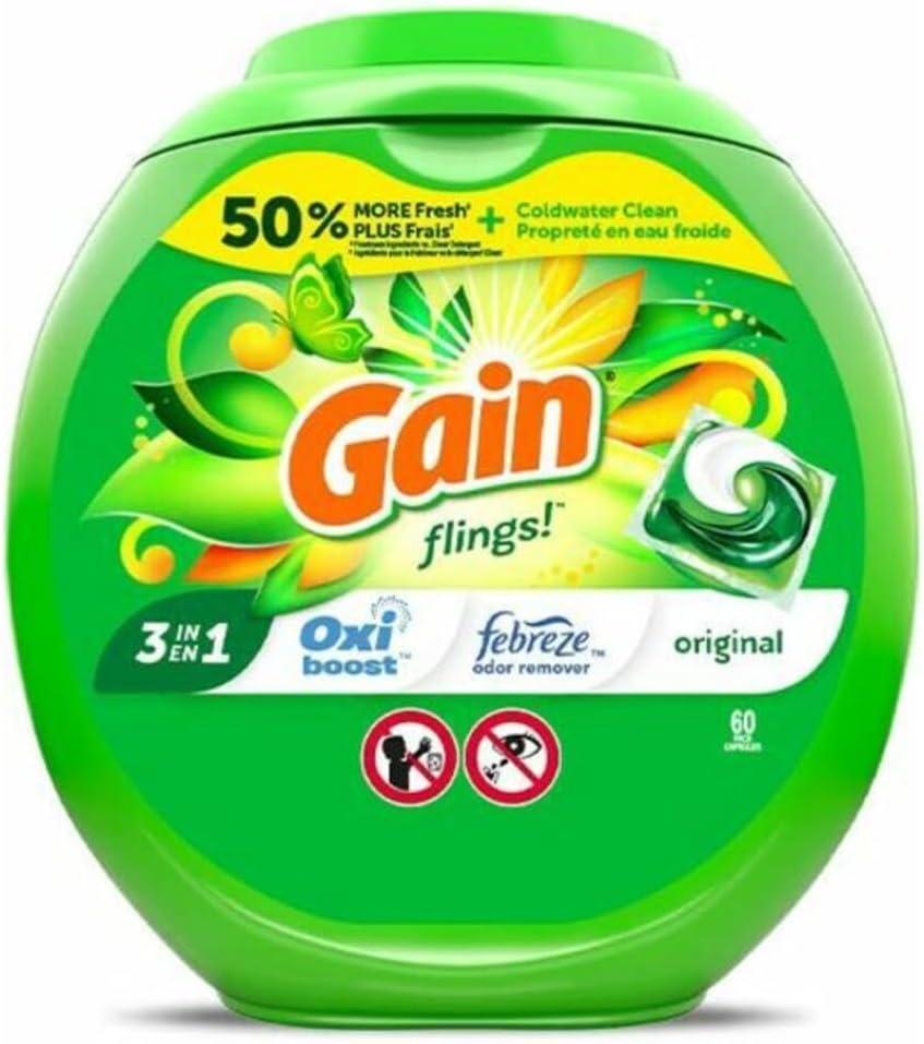 Gain Flings Detergent Pods, Original, 76 Pods/Tub, 4 Tubs/Carton