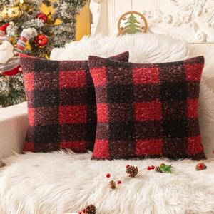 AQOTHES Red Black Plaid Christmas Throw Pillow Covers 20x20 Inch Set of 2, Boucle Decorative Pillow Covers, Cozy Fluffy Home Living Room Farmhouse Decor for Sofa Couch Bed