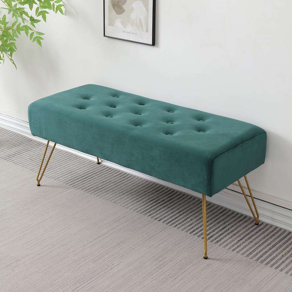 Velvet Button-Tufted Entryway Bench, 39.37" Modern Upholstered Bedroom Bench with Gold Metal Legs, Padded Rectangular End of Bed Bench for Living Room, Dining Room (Blackish Green), Medium
