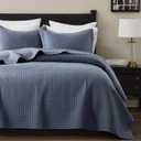 WDCOZY 100% Cotton Queen Size Quilt Set - Dusty Blue Box Pick Stitch Soft Lightweight Bedspread, Textured Like Linen, Farmhouse Country Rustic Coverlet, Shabby Chic Gauze Bedding, 3 Pieces, Full/Queen