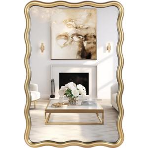 20''x30'' Rectangular Wavy Wall Mirror - Modern Decorative Bathroom Mirror with Scalloped for Modern Farmhouse Vanity, Living Room, Entryway, or Hallway (Gold)