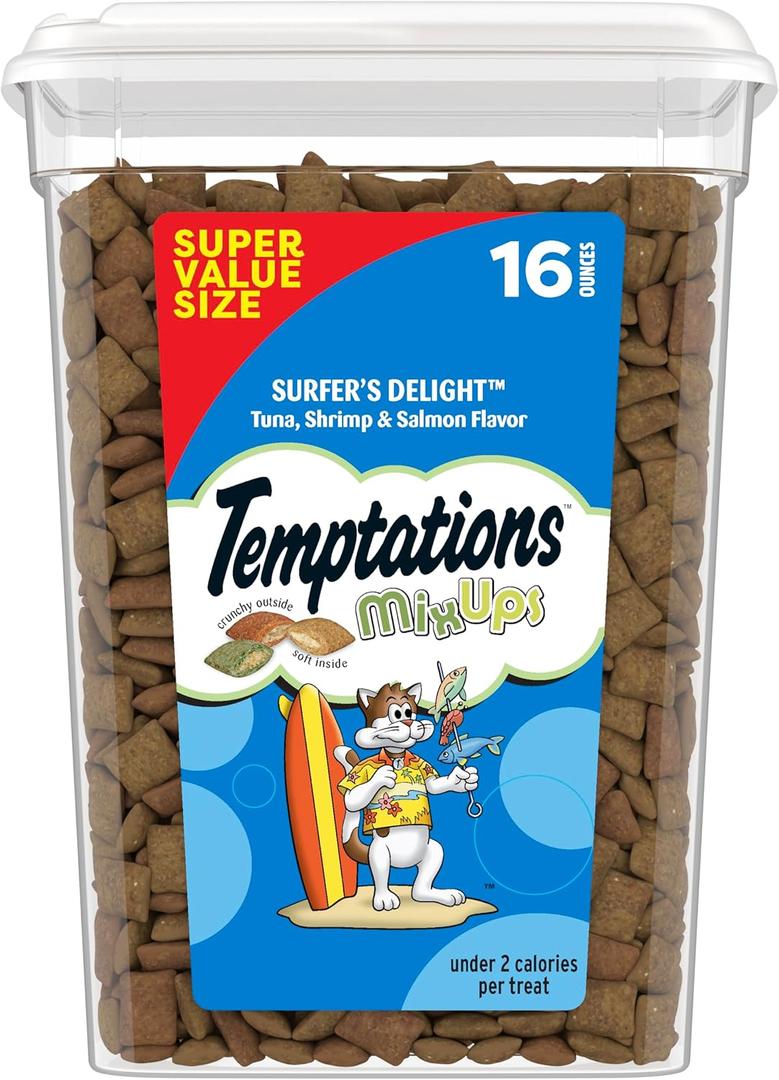 Temptations Cat Treats MixUps Surfer's Delight, Tuna, Shrimp, Salmon Flavor, Crunchy and Soft Cat Treats, 16 oz. Tub (EXP 04/04/26)