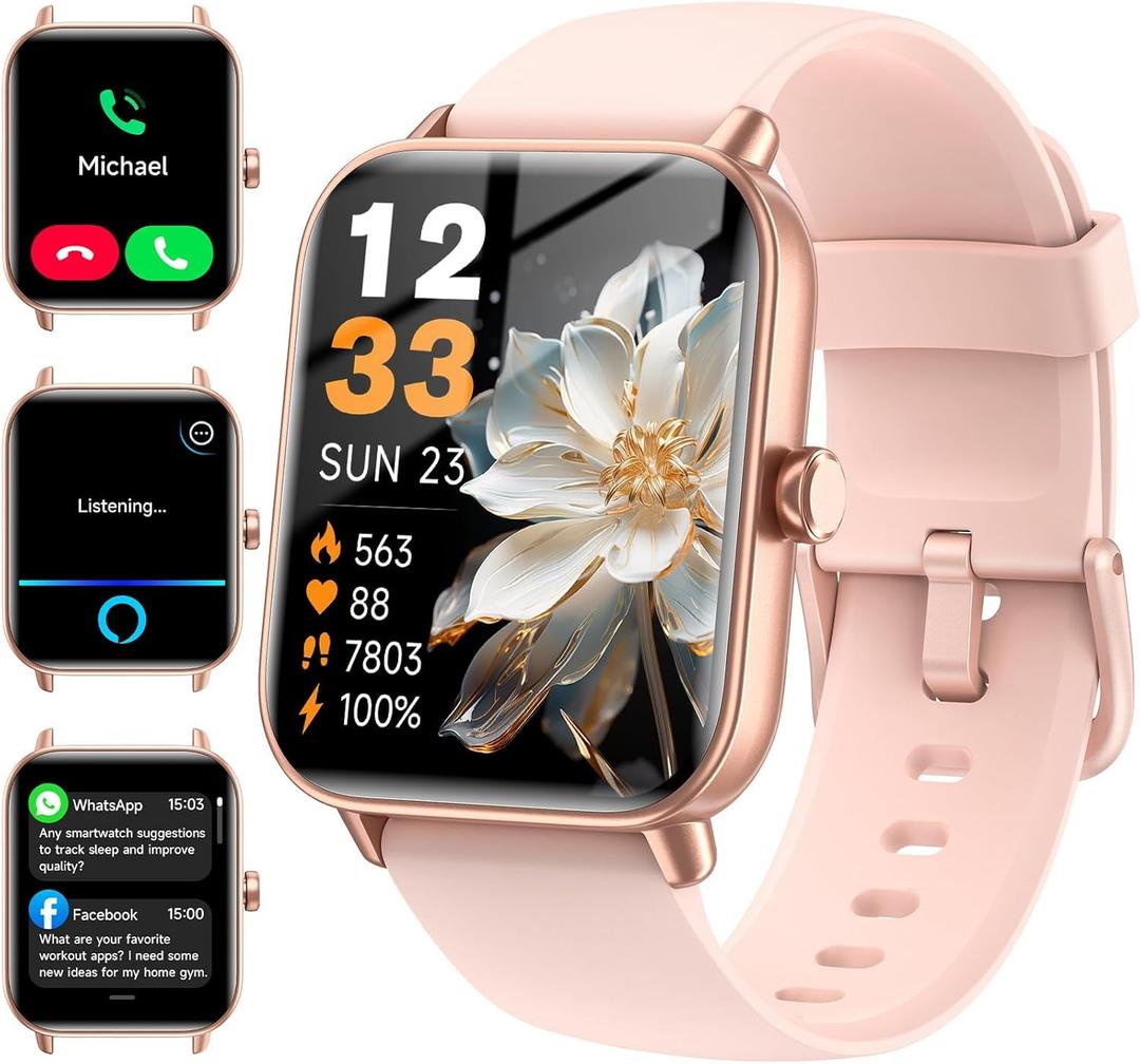 Smart Watches for Women (Make/Answer Calls), Alexa Built-in Smart Watch for Android/iPhones with Receive Messages/Emails/Reminders, 1.85" HD Fitness Tracker Watch with Heart Rate/Sleep/SpO2 Monitor (Pink)