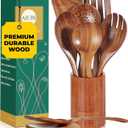 AIUHI Natural Solid Teak Wooden Cooking Utensils for Nonstick Cookware, Wooden Kitchen Utensils Set Includes Spoons, Spatulas, Strainer Spoon, Salad Fork with Holder and Spoon Rest (9PCS)
