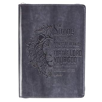 Christian Art Gifts Brown Vegan Leather Zipped Journal, Inspirational Men’s Notebook Be Strong Scripture, Flexible Cover, 336 Ruled Pages, Ribbon Bookmark, Joshua 1:9 Bible Verse