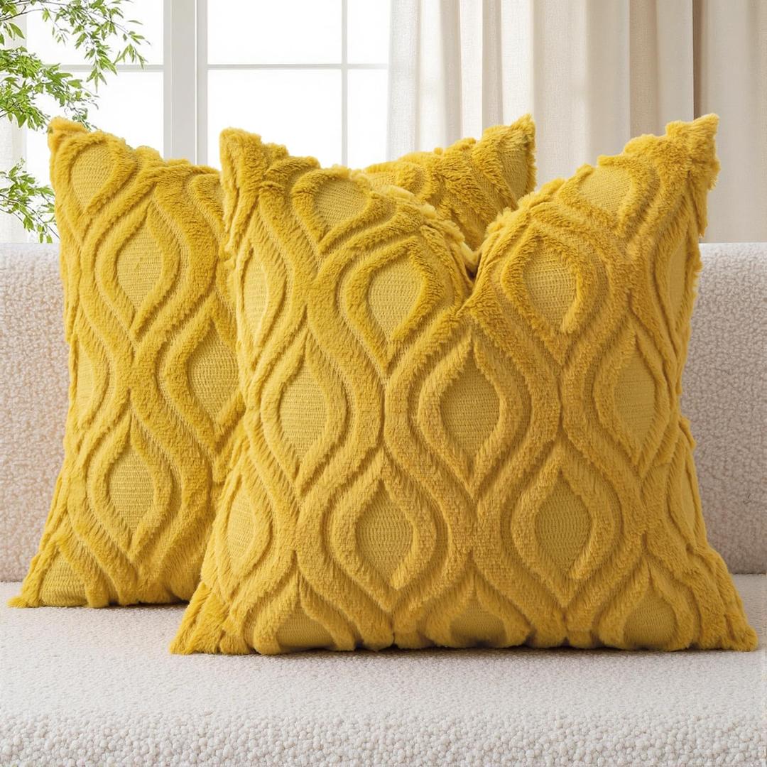 MIULEE Spring Mustard Yellow Throw Pillow Covers 18x18 Inch, Soft Plush Faux Wool Solid Couch Pillows Set of 2, Decorative Farmhouse Boho Cushion Covers for Sofa Living Room Bed Home Decor