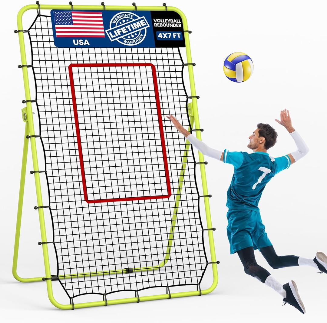 4x7FT Volleyball Rebounder Net, 5 Adjustable Angle Bounce Back Trainer for Serving, Passing & Setting, Portable Volleyball Practice Net for Indoor Outdoor Sports, Steel Frame with Bag (Green)