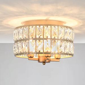 Gold Crystal Flush Mount Ceiling Light, 11 Inch Crystal Chandelier for Bathroom Closet Hallway Entryway Foyer, Kitchen Light Fixture Ceiling Mount