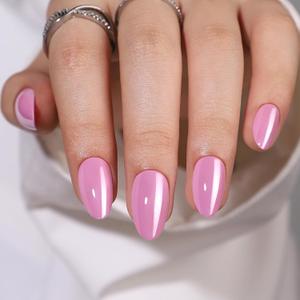 Press On Nails Medium - 16Sizes 32Pcs Almond Press On Nails, Pink Chrome Nail Tips Glue On Nails with Nail Glue, Reusable Stick On Nails in Gel Fake Nails Kit