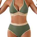 Aidonger Womens Bikini Sets High Waisted Swimsuit Halter V Neck Shell Stitched Two Piece Bathing Suits (X-Small, Army Green)