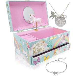 The Memory Building Co Unicorn Musical Jewelry Box Plays Classic Melody, Storage Organizer Music Box for Kids Ages 6-12, MDF Wood w/ 2 Fabric Lined Ring Bracelet Necklace Treasure Compartments