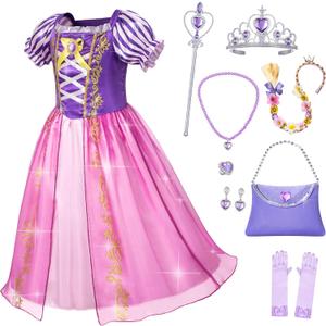 Princess Rapunzel Dress Up Costume for Girls - with Rapunzel Accessories,10-11y