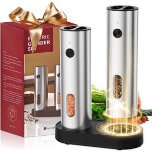 Electric Salt and Pepper Grinder Set, Pepper and Salt Shakers, Auto Pepper Mill with Rechargeable Base/Led Light/Adjustable Coarseness, Kitchen Essentials Ideal for Daily Use & New Home Gift (Stainless steel color)