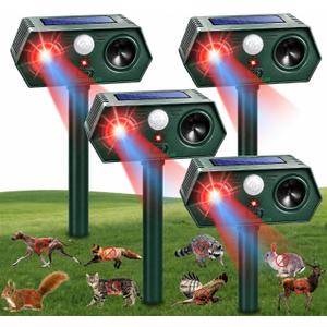 4Pack Solar Ultrasonic Animal Repeller with Red&Blue Light for Gardens, Farms and Courtyards, Outdoor Sonic Fortress Pro Deterrent for Deer, Raccoons, Squirrels, Cats, Rabbits, Skunks, Foxes & More