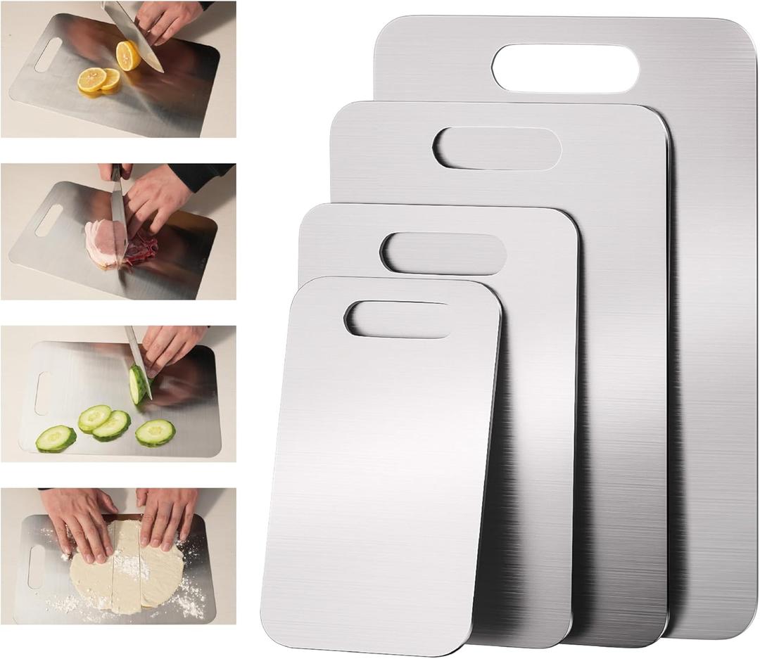 4 Packs Stainless Steel Cutting Boards Set for Kitchen, 304 Steel Metal Chopping Boards for Meat, Fruits & Break, Non-Slip, Dishwasher Safe (15.3"x11", 13.4"x9", 11.8"x8", 9.5''x5.9'')