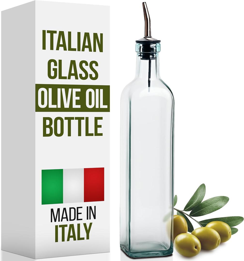 EHOMEA2Z Italian Glass Olive Oil Dispenser Bottle - 16 Oz, Oil and Vinegar Cruet with Stainless Steel Spout for Kitchen, Slight Green Tint (1, 473ml)