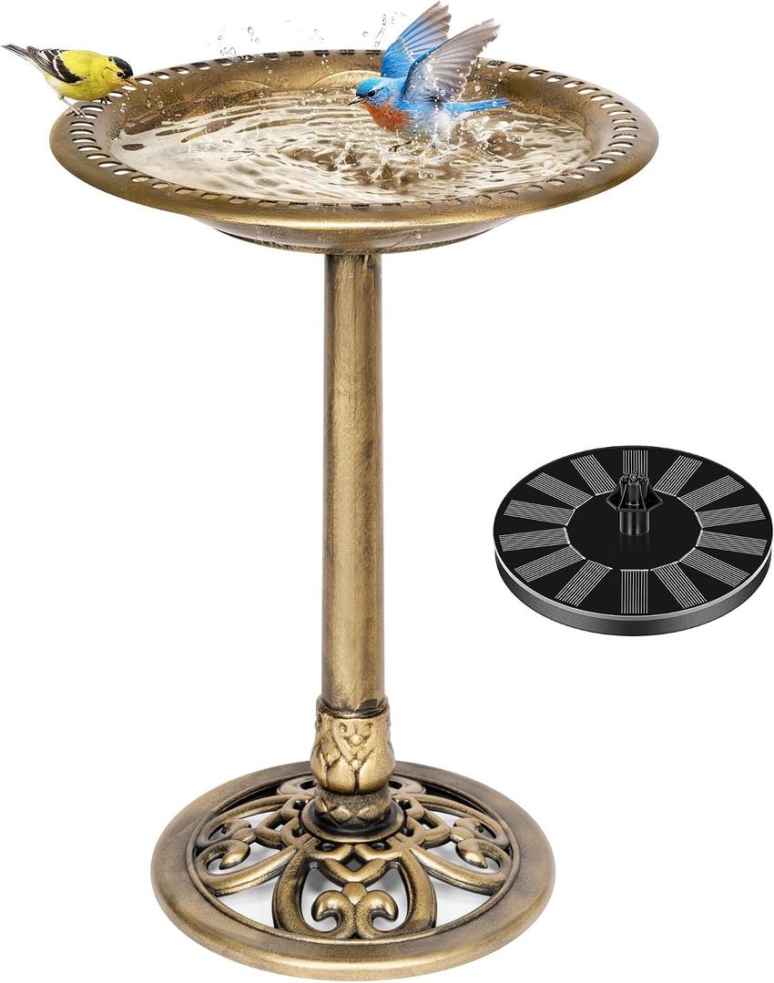 VIVOHOME Bird Bath with Solar Fountain for Outside, Polyresin Pedestal Bird Baths with Solar Powered Pump for Outdoor, Garden, Weather-Resistant Birdbaths with 20" Bowl, Golden