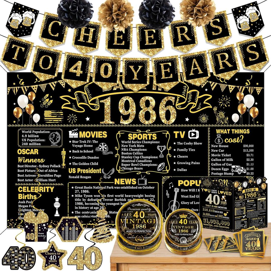 40th Birthday Decorations for Men Women, 106 PCS Back in 1986 Decorations, Vintage 40th Birthday Party Tableware Set for men,Backdrops,Card, Banner, Paper Poms,Hanging Swirl, Tableware for 24 Guests