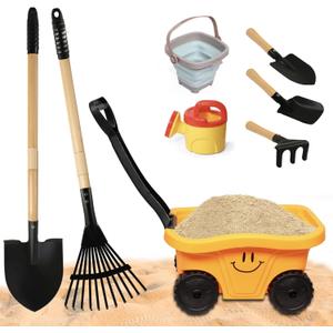 Todders Wheelbarrow Gardening Set, Kids Rake and Shovel Set for Dirt Digging, Garden Tools Equipment for Yard Outdoor Sandbox Summer Toys Gifts for Ages 2-5 Years (8pcs Orange Wagon Set)