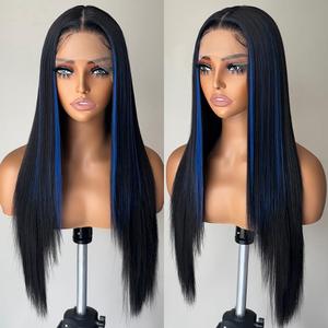 Blue Highlight Synthetic Lace Front Glueless Wig Long Straight Wigs for Women Pre Plucked with Baby Hair 26 Inch Midnight Blue Color Forehead Synthetic Lace Front