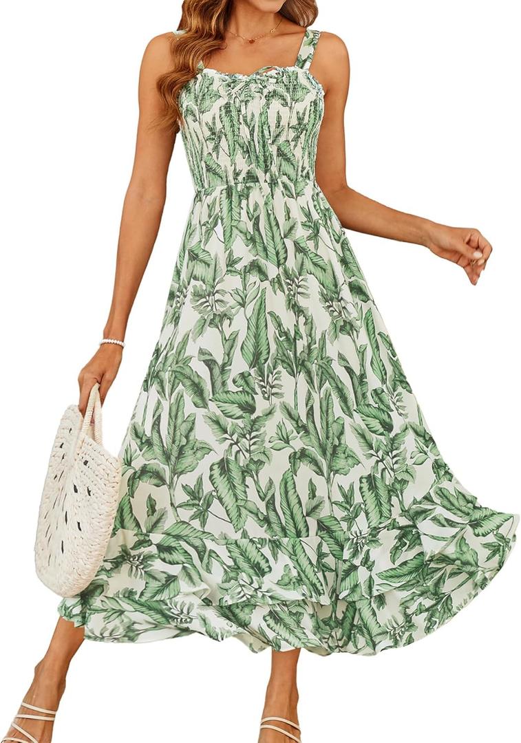 GRACE KARIN Women's 2025 Summer Floral Boho Dress Square Neck Strapped Swing A Line Sundress Beach Long Maxi Outfits S 