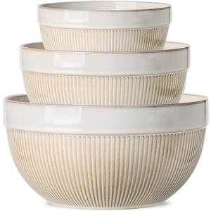 Large Ceramic Mixing Bowls, Glazed White Kitchen Bowl, Set of 3 Nesting Bowls for Baking, Cooking, Serving, Prepping, Dough Kneading