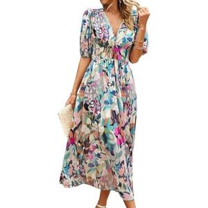 UONBOX Women's V Neck Floral Dress Summer 2025 Trendy Pleated Boho Flowy Puff Sleeve Maxi Dress L