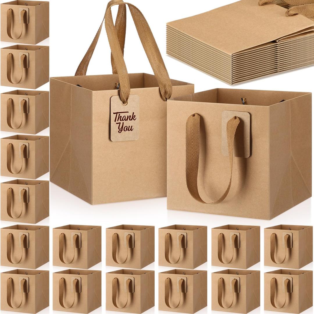 Windyun 50 Pcs Mini Paper Gift Bags with Handle 6 x 6 x 6'' Square Small Favor Bag with DIY Thank You Tag for Christmas Birthday Wedding Bridal Shower Bridesmaid Graduation Party (Kraft)