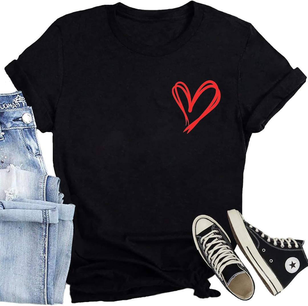 Valentines Day Shirt for Women Love Heart Printed T-Shirts Casual Summer Tee Tops (Black, S)