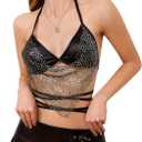 MakeMeChic Women's Glitter Sequin Fishnet Halter Tops Y2K Criss Cross Tie Back Crop Party Club Festival Rave Top Black X-Small
