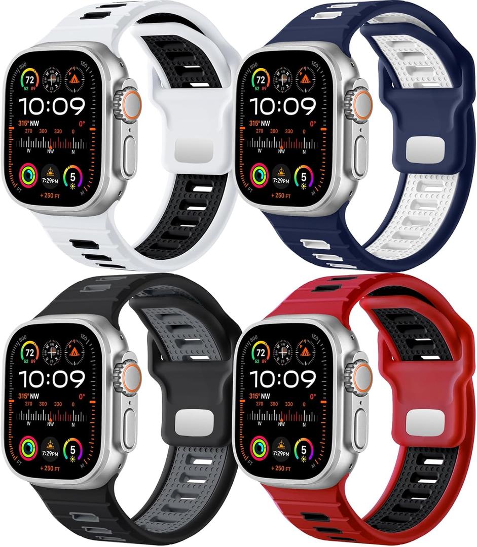 Odbeai 4 Pack Sport Bands Compatible with Apple Watch Ultra 2 3/Ultra Band,Compatible with Apple Watch Bands for Men 49mm 46mm 45mm 44mm 42mm,Silicone Strap for iWatch Bands Men Series SE 11 10 9 8-1 (White+Black/Blue+White/Black+Gray/Red+Black)