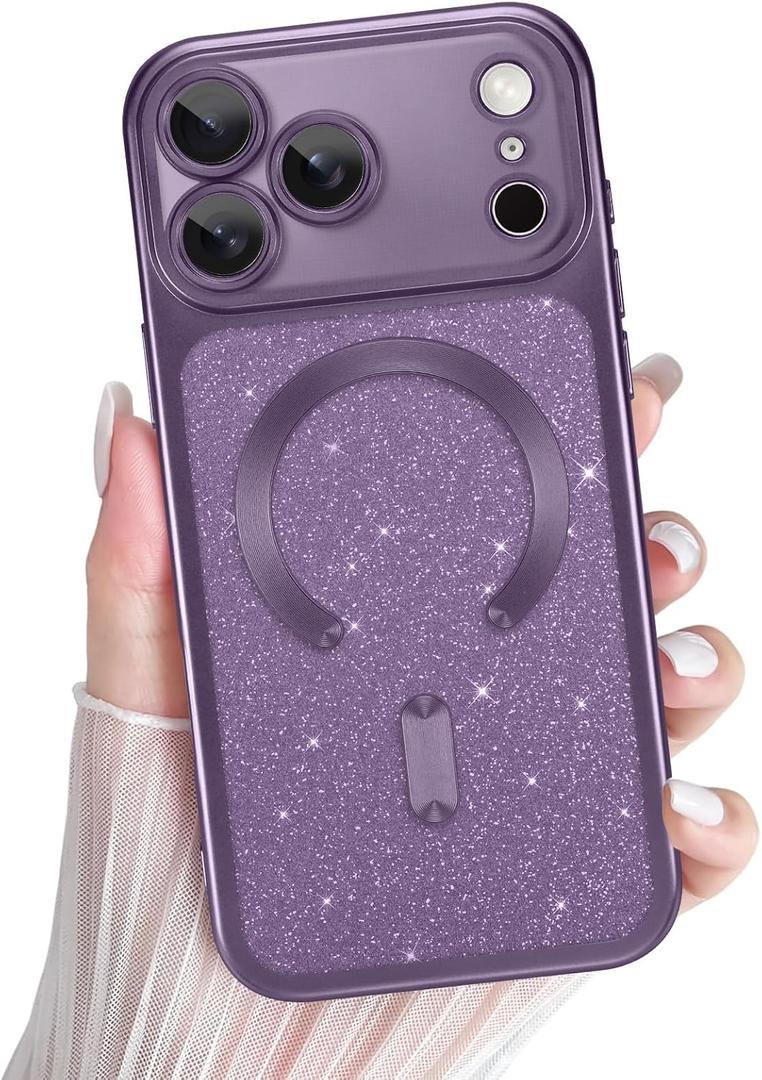 tharlet Magnetic for iPhone 17 Pro Max Case Purple with Load Glitter Card | [MagSafe Compatible] Luxury Plating Diamond Frame [ DIY Glitter Card Back ] Full Camera Protection with Screen Protector